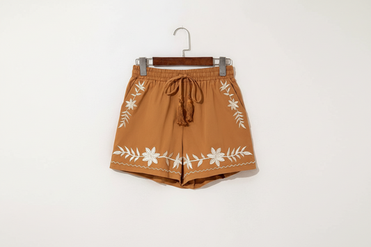 Embroidered Boho Tasseled Drawstring Elastic Waist Casual Shorts