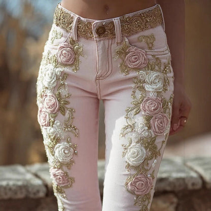 Women's Retro Pink Rose Embroidered Artistic Jeans