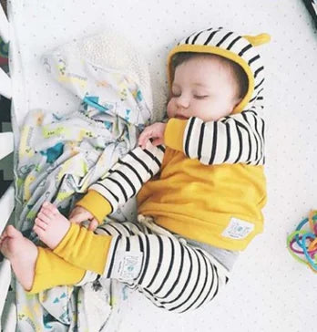 Yellow Long Sleeve Hoodie and Striped Pants Set for Kids
