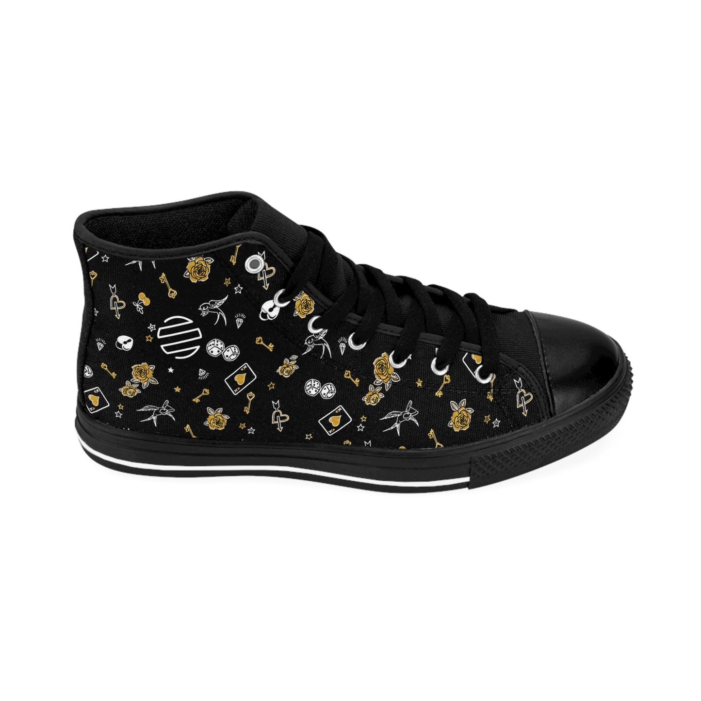 Game Of Love High-Top Sneakers — Black Floral Moon & Stars Pattern