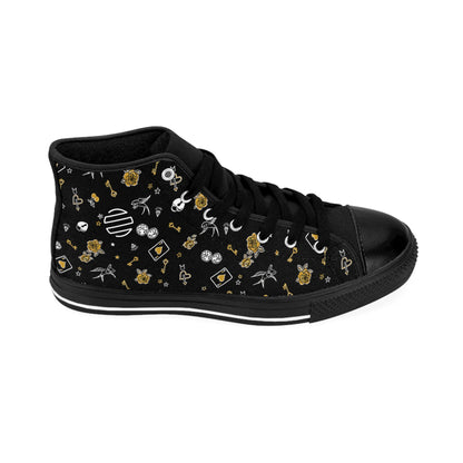Game Of Love High-Top Sneakers — Black Floral Moon & Stars Pattern