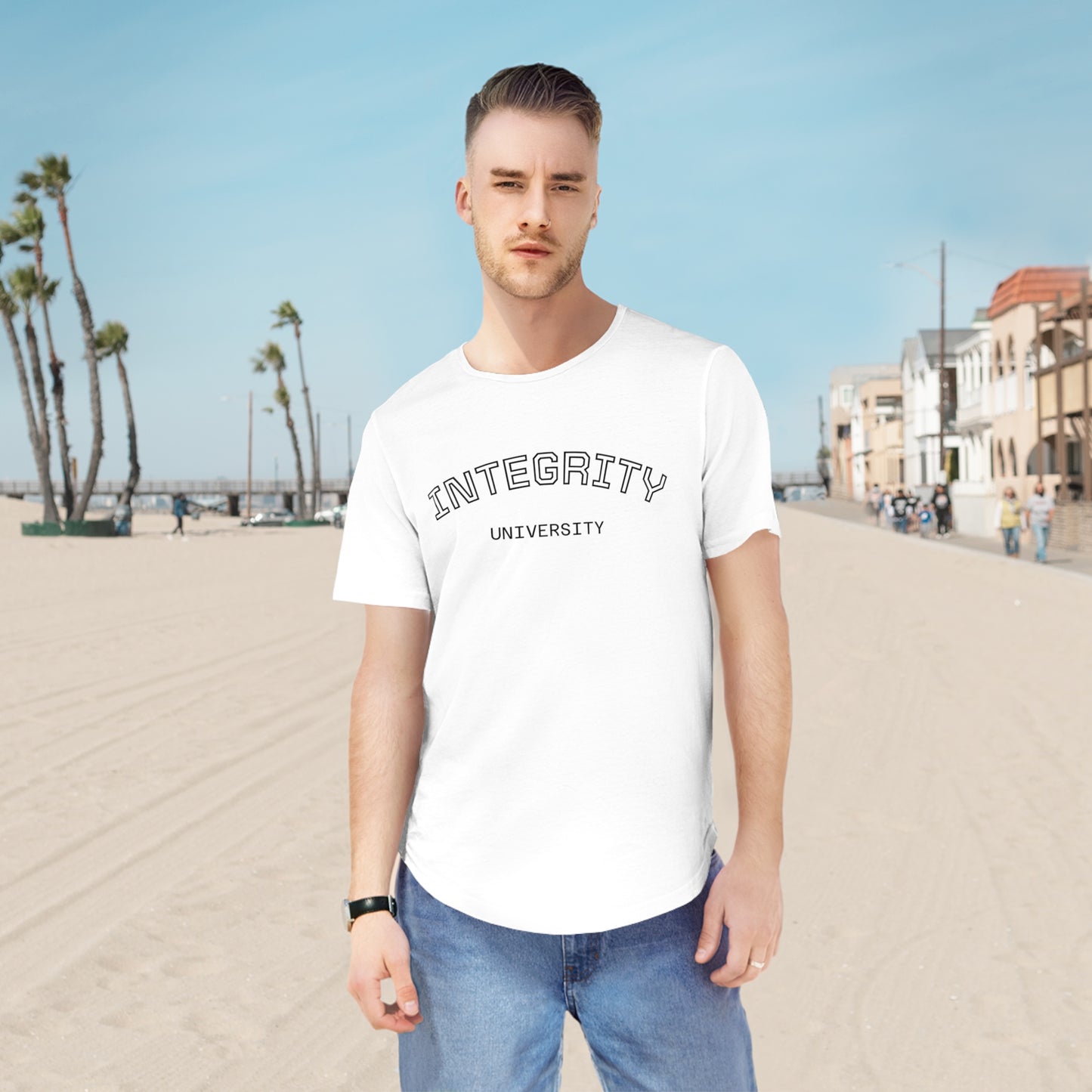 Integrity University Curved-Hem Tee — Modern Collegiate Men’s T‑Shirt