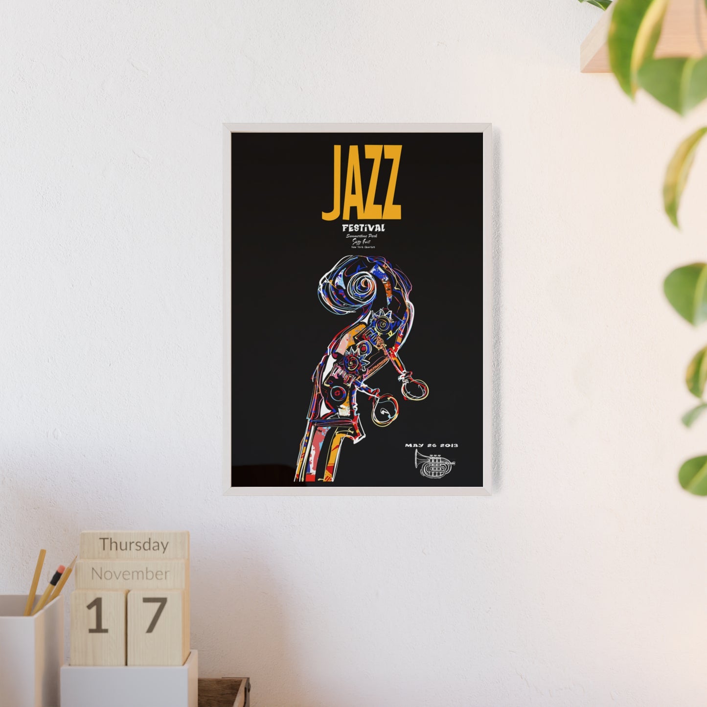 Jazz Festival Poster with Wooden Frame — Colorful Double Bass Art Print