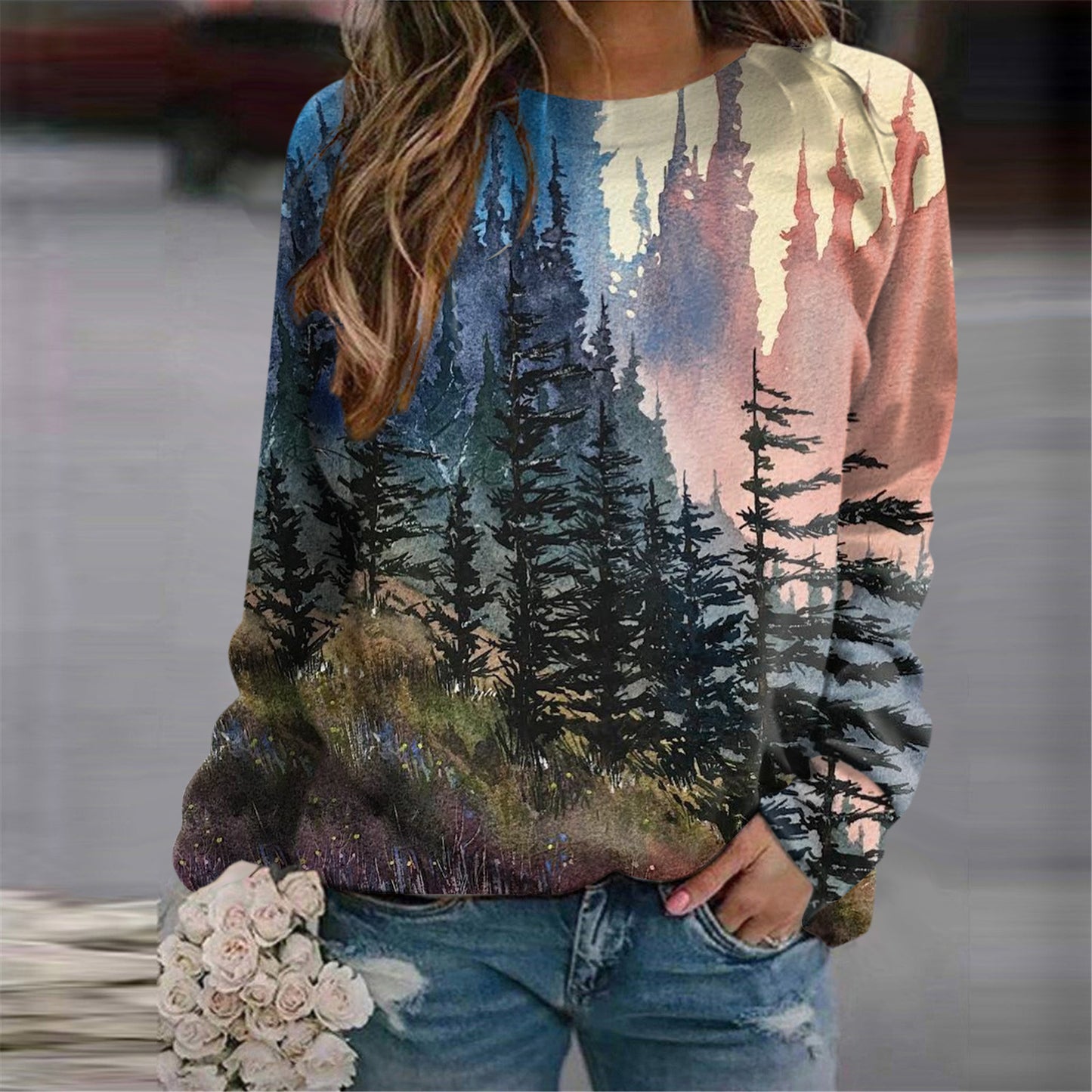 Women's Nordic Landscape Casual Round Neck Sweater