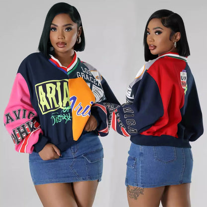 Women's Casual Contrast Color Loose V-neck Sweatshirt