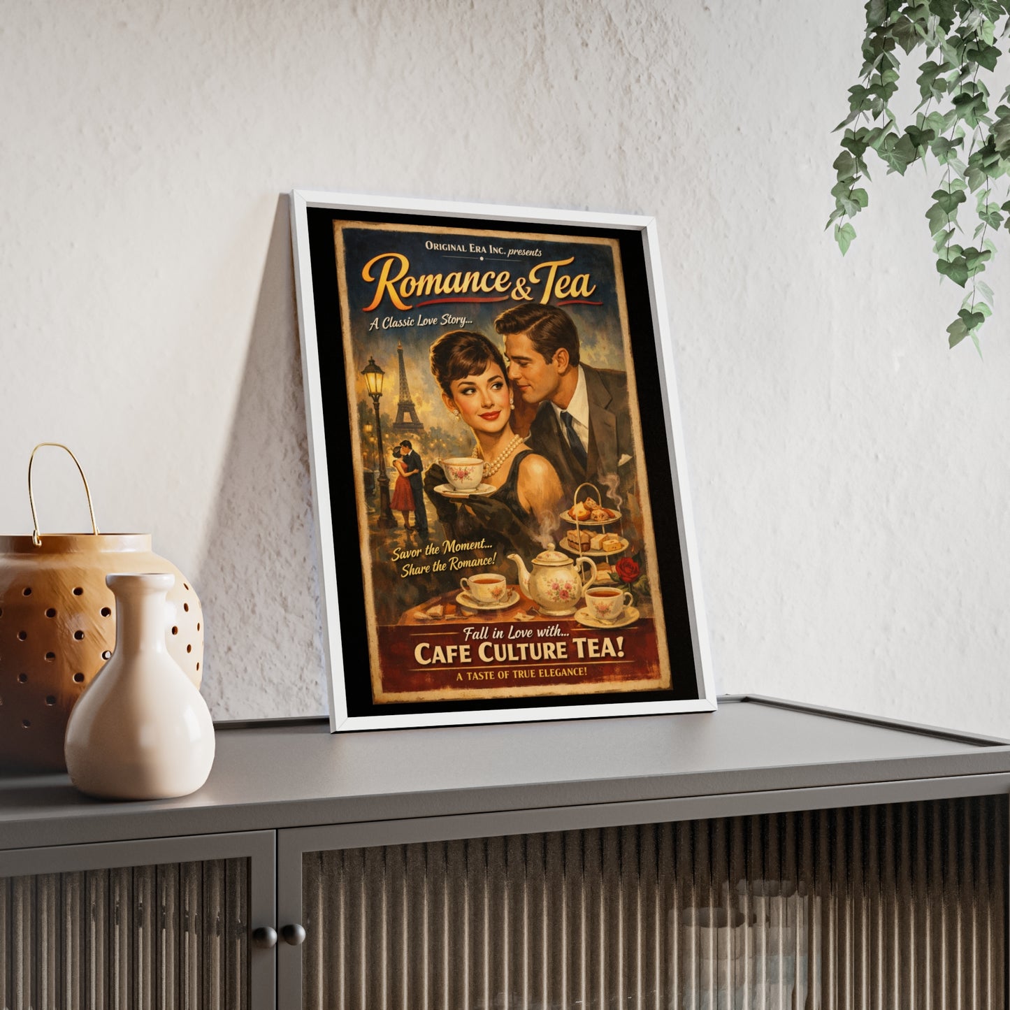 Romance & Tea Vintage Cafe Poster — Framed Wall Art