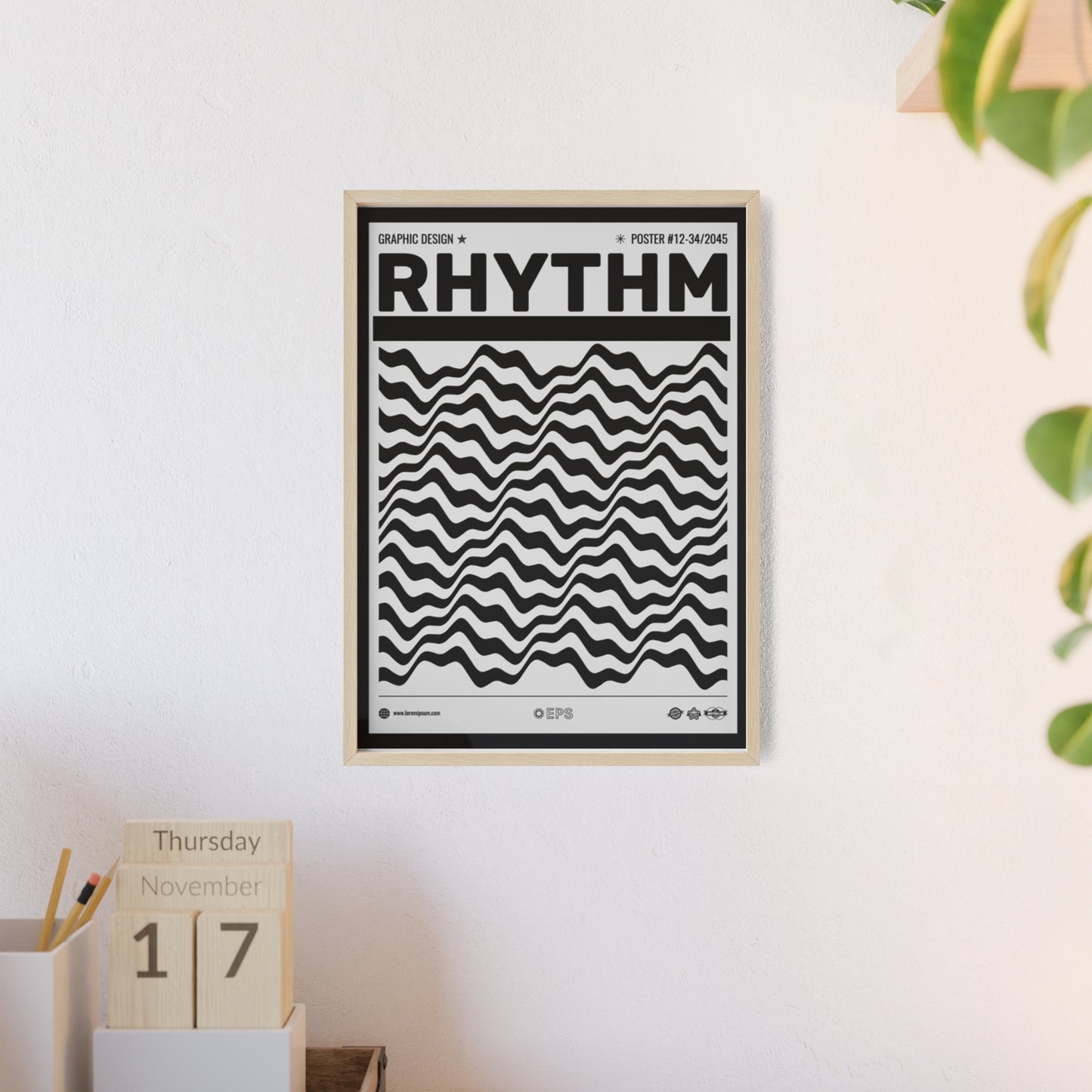 Rhythm Wave Art Poster with Wooden Frame — Black & White Modern Wall Print