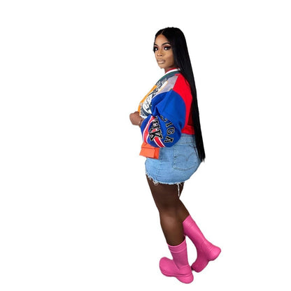 Women's Casual Contrast Color Loose V-neck Sweatshirt