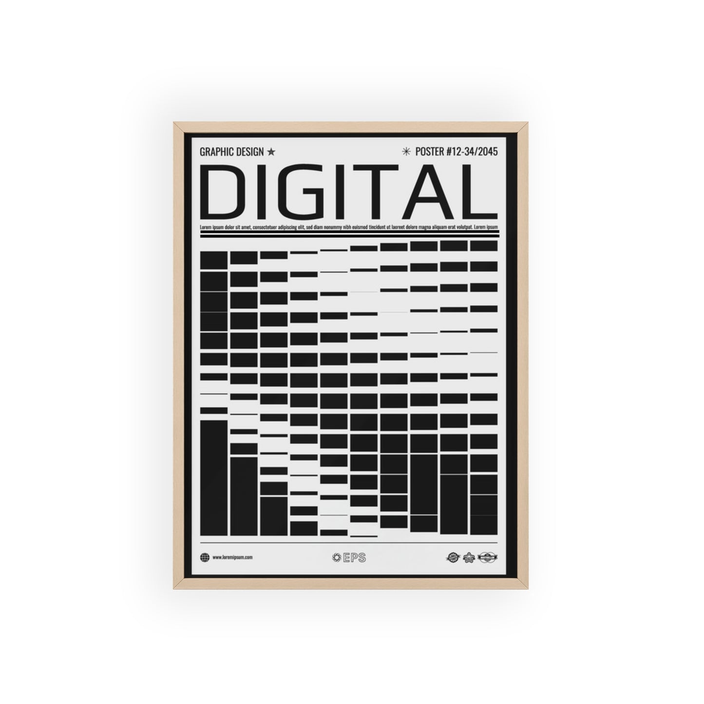Digital Grid Poster with Wooden Frame — Modern Black & White Wall Art