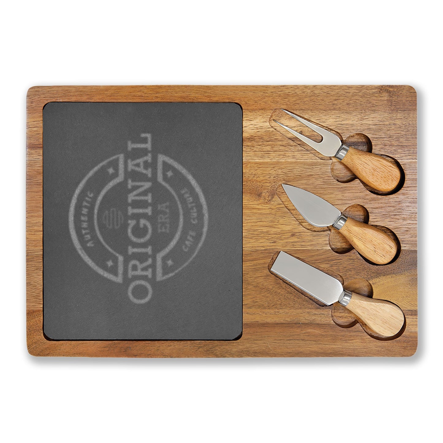 Cafe Culture Engraved Acacia Charcuterie Board with Slate Insert & Cheese Knives
