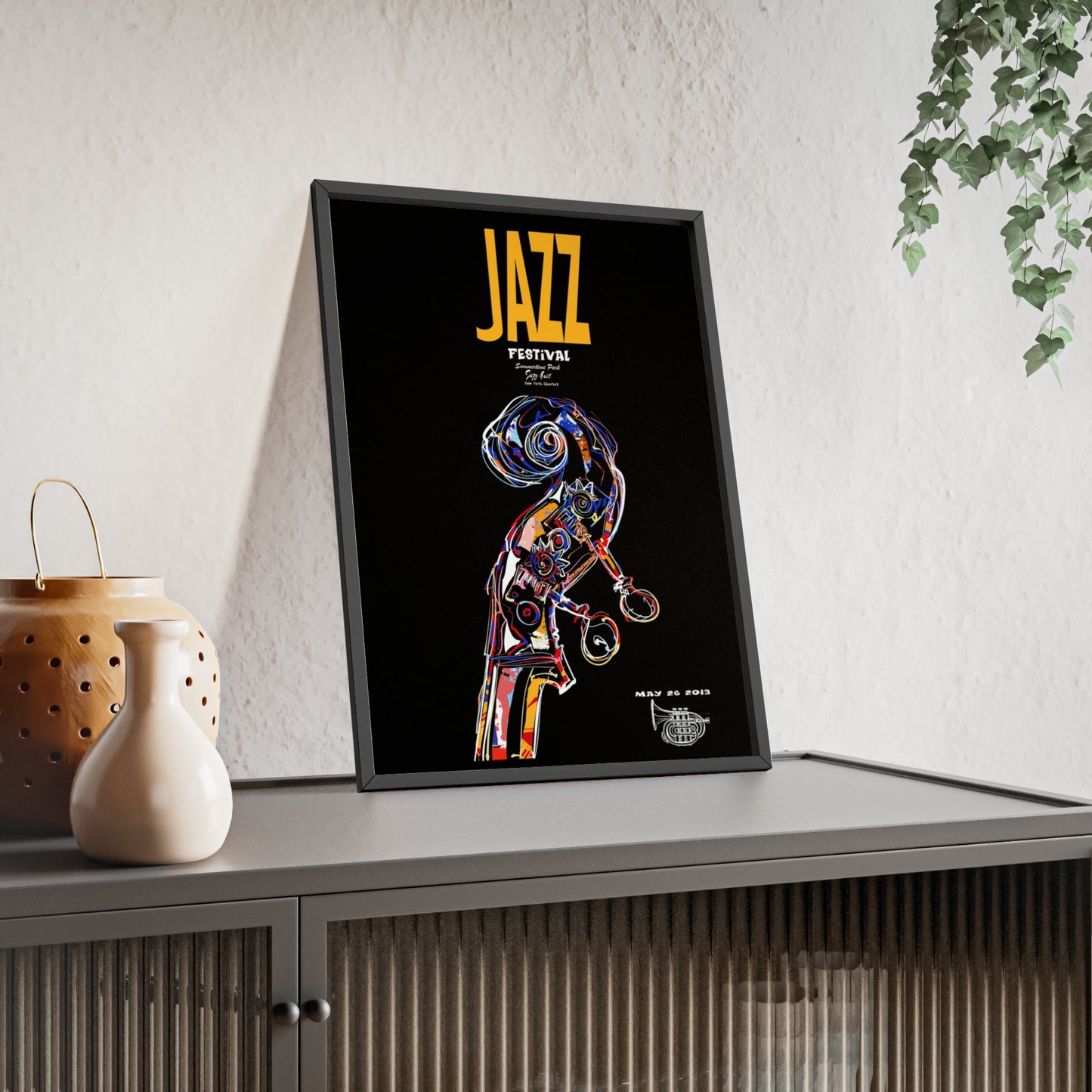 Jazz Festival Poster with Wooden Frame — Colorful Double Bass Art Print