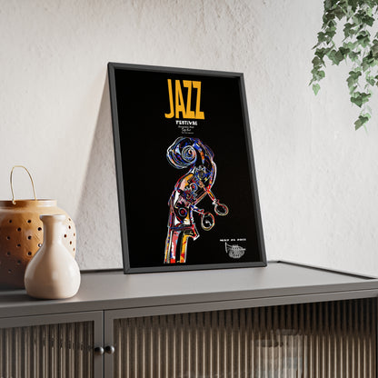 Jazz Festival Poster with Wooden Frame — Colorful Double Bass Art Print
