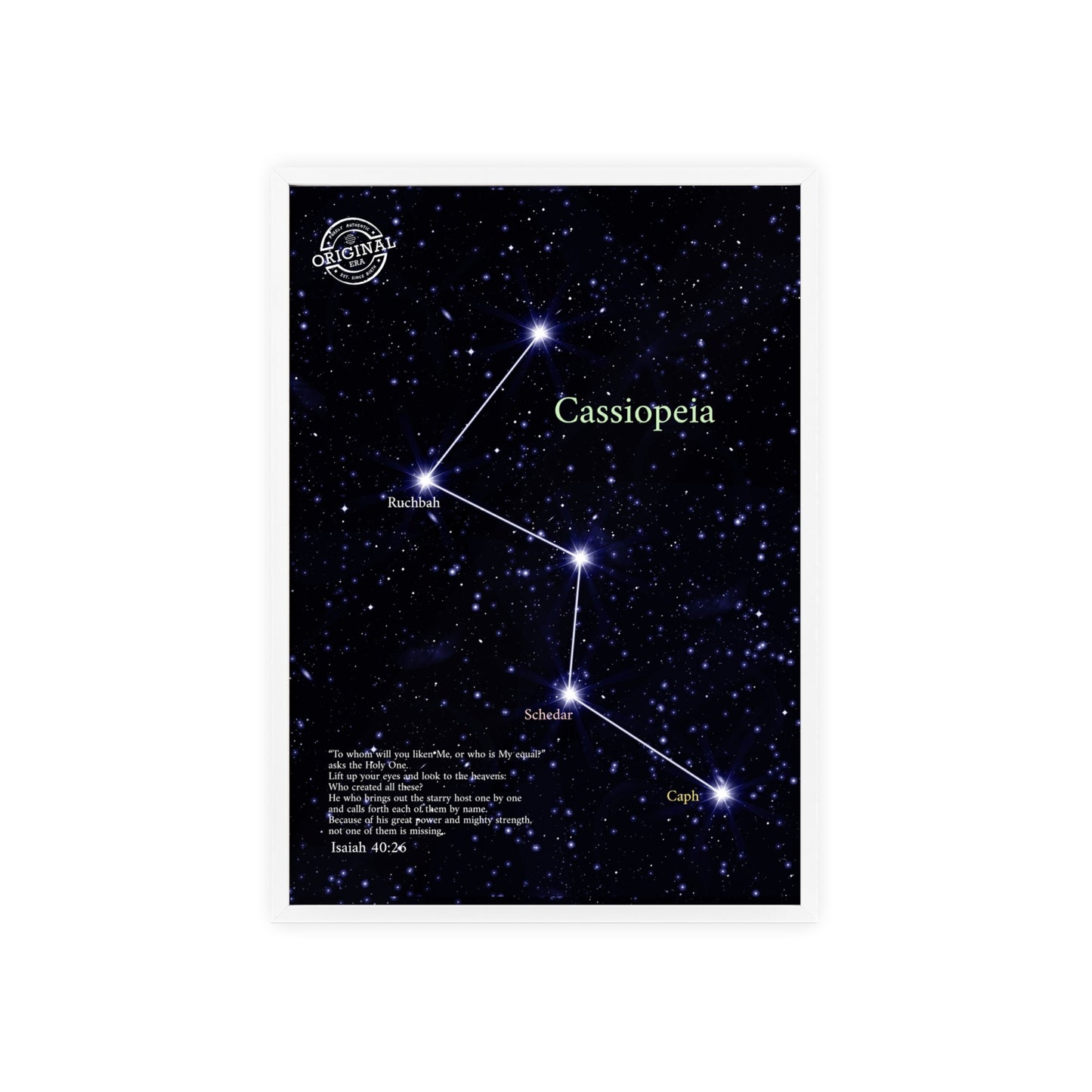 Cassiopeia Constellation Poster with Wooden Frame — Star Map Wall Art