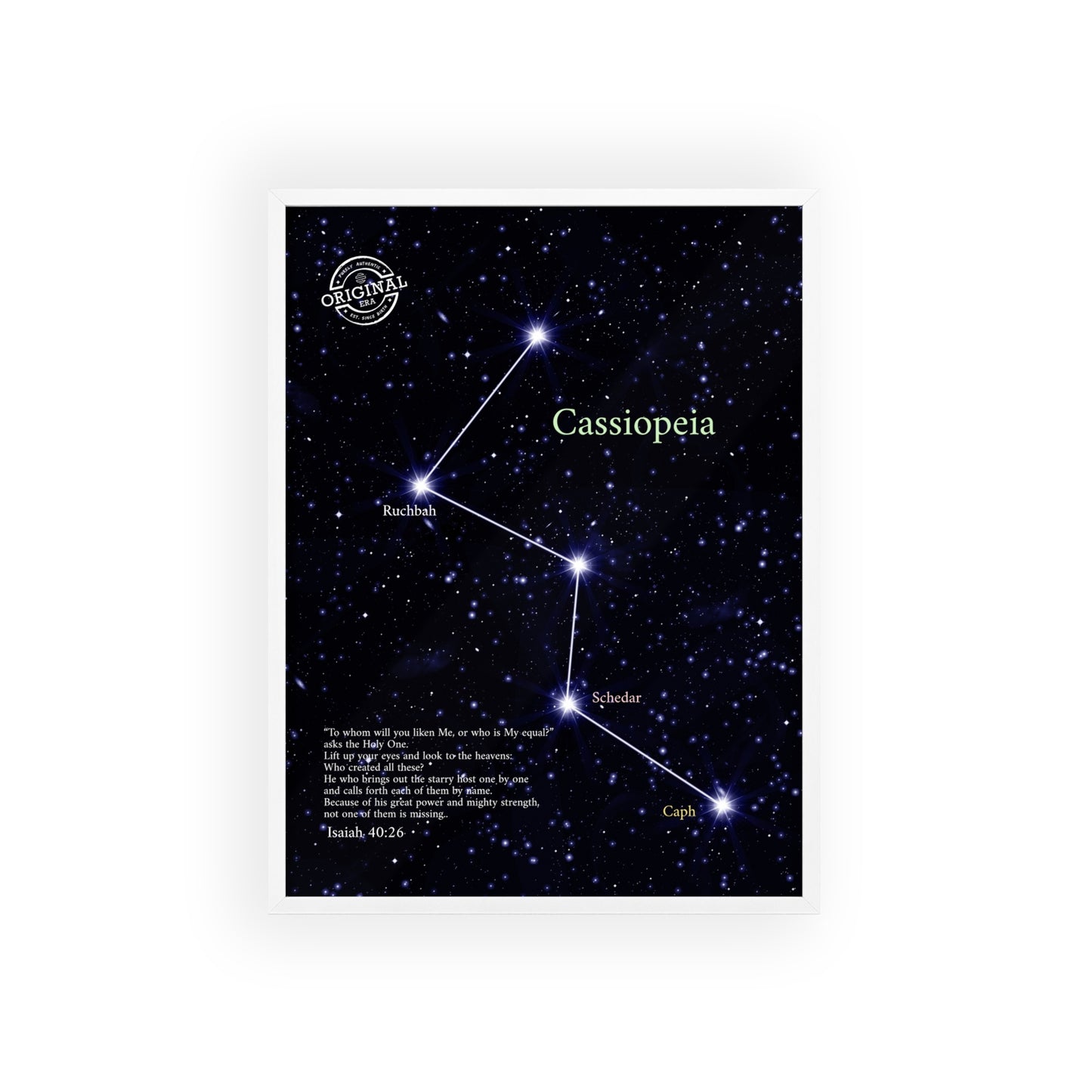 Cassiopeia Constellation Poster with Wooden Frame — Star Map Wall Art