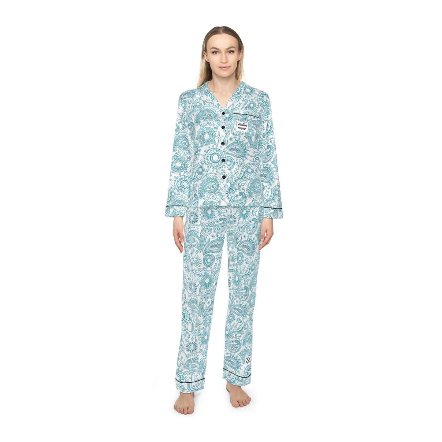Satin Paisley Women’s Pajama Set – Light Blue Floral Sleepwear