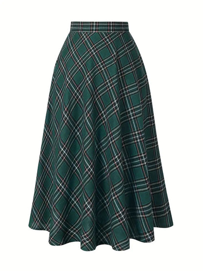 Women's High Waist Casual Loose Plaid Midi Skirt