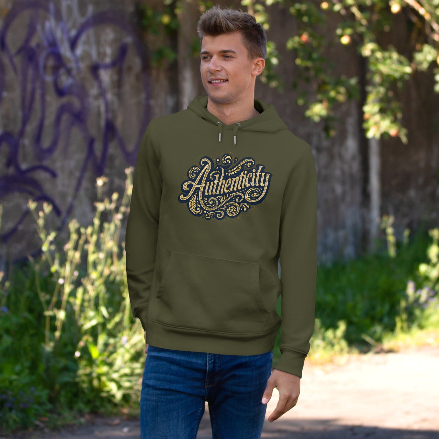 Authenticity Script Hoodie — 'Authenticity' Vintage Ornate Graphic Hooded Sweatshirt