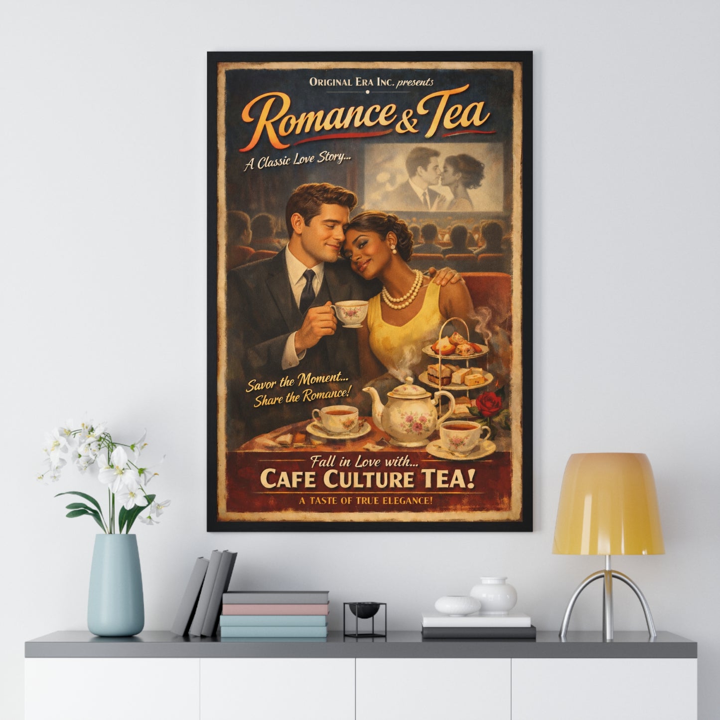 Romance & Tea Vintage Café Poster — Framed Wall Art