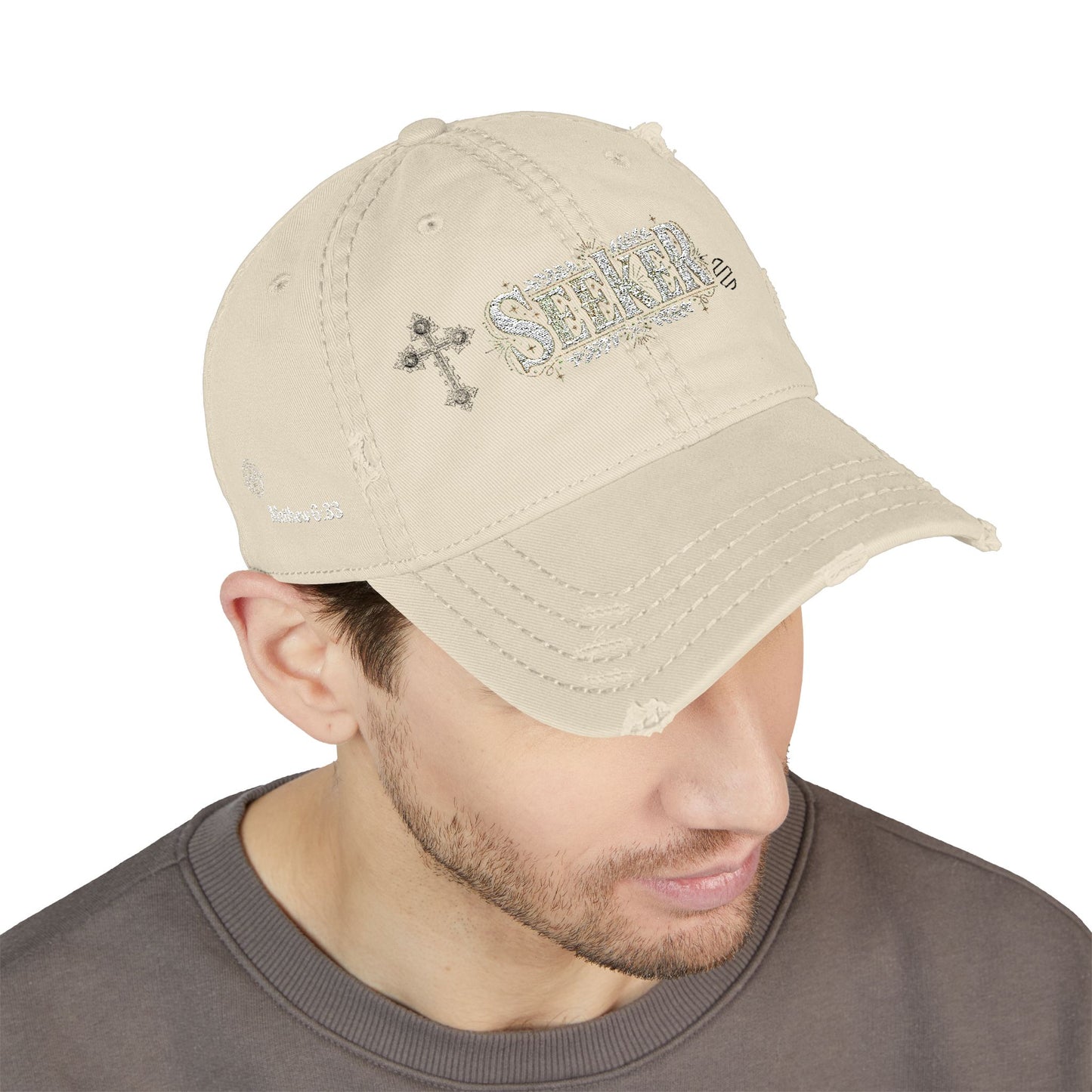 Seeker Embroidered Distressed Dad Hat — Vintage Faith Baseball Cap