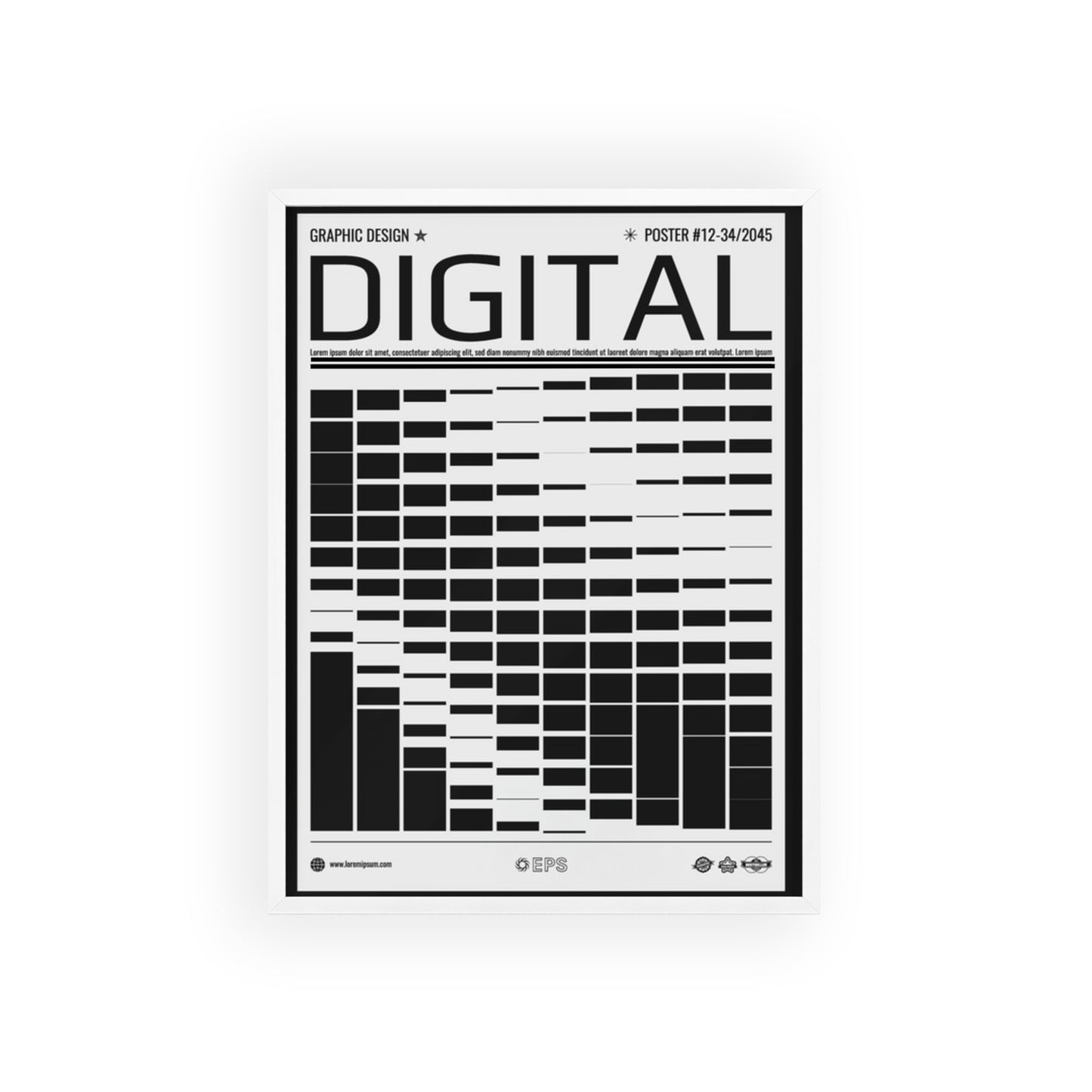 Digital Grid Poster with Wooden Frame — Modern Black & White Wall Art