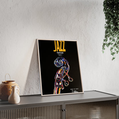 Jazz Festival Poster with Wooden Frame — Colorful Double Bass Art Print