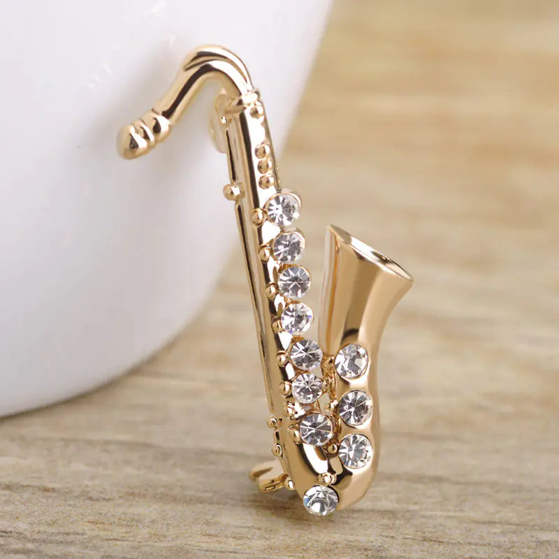 Saxophone-Shaped Brooch with Colorful Rhinestones
