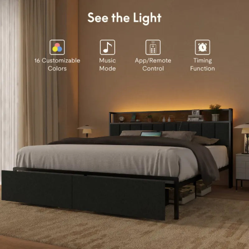 Charging Full Bed Frame with LED Ambiance