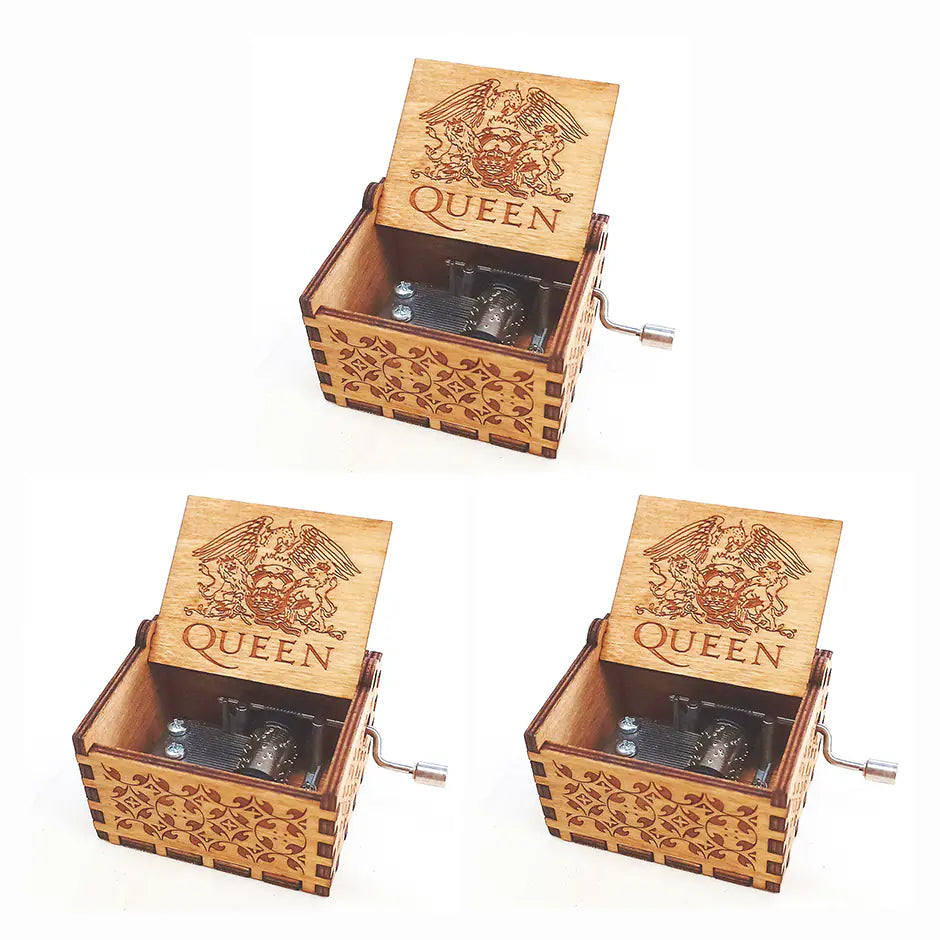 Queen Carved Music Box - Classic Hand-Crank Wooden Box