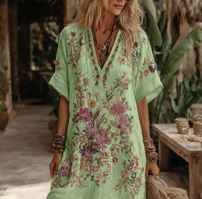 Women's Floral Art V Neck Comfy Midi Dress