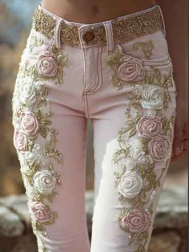 Women's Retro Pink Rose Embroidered Artistic Jeans