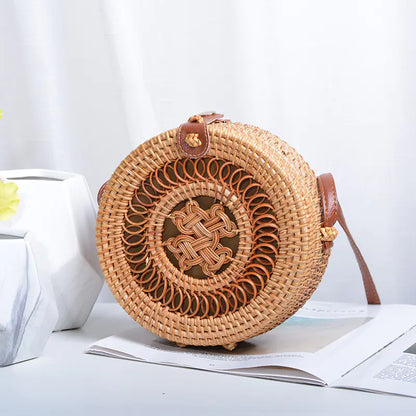 Handmade Rattan Hollow Star Bag with PU Leather Strap