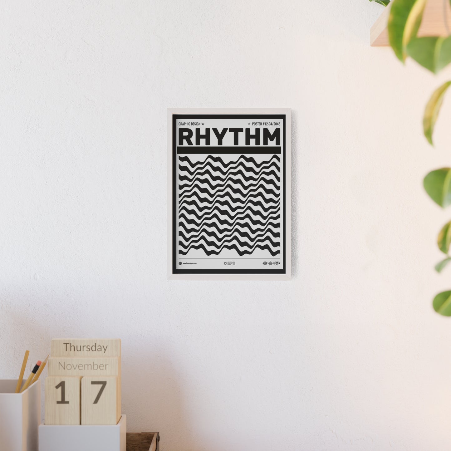 Rhythm Wave Art Poster with Wooden Frame — Black & White Modern Wall Print