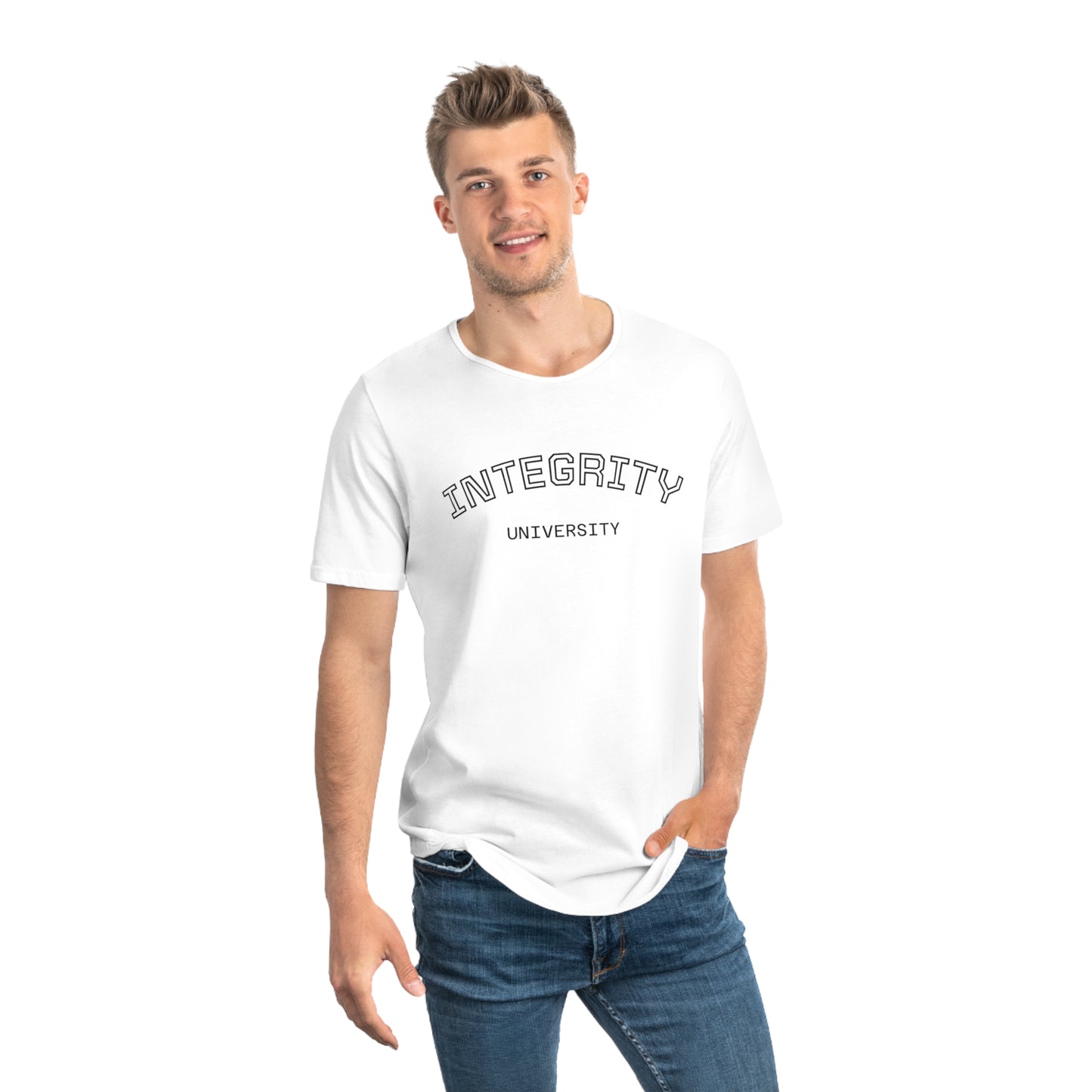 Integrity University Curved-Hem Tee — Modern Collegiate Men’s T‑Shirt