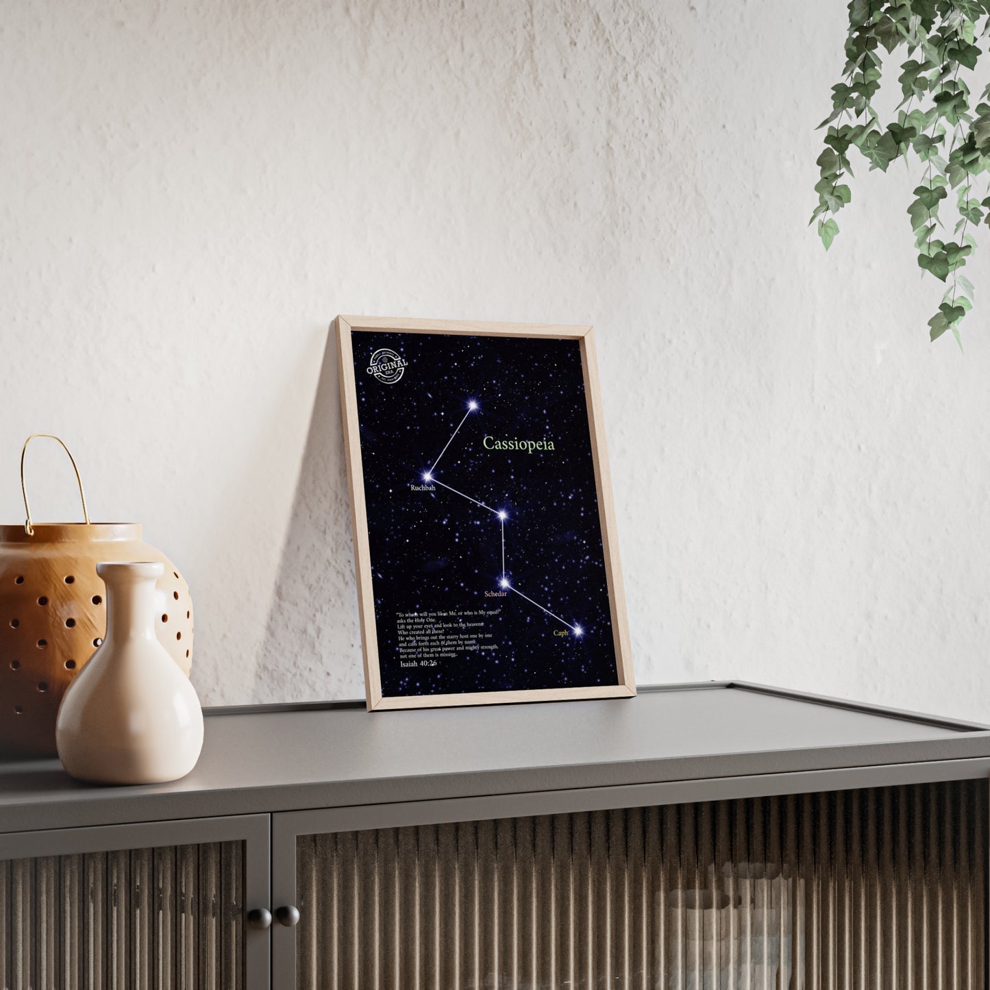 Cassiopeia Constellation Poster with Wooden Frame — Star Map Wall Art