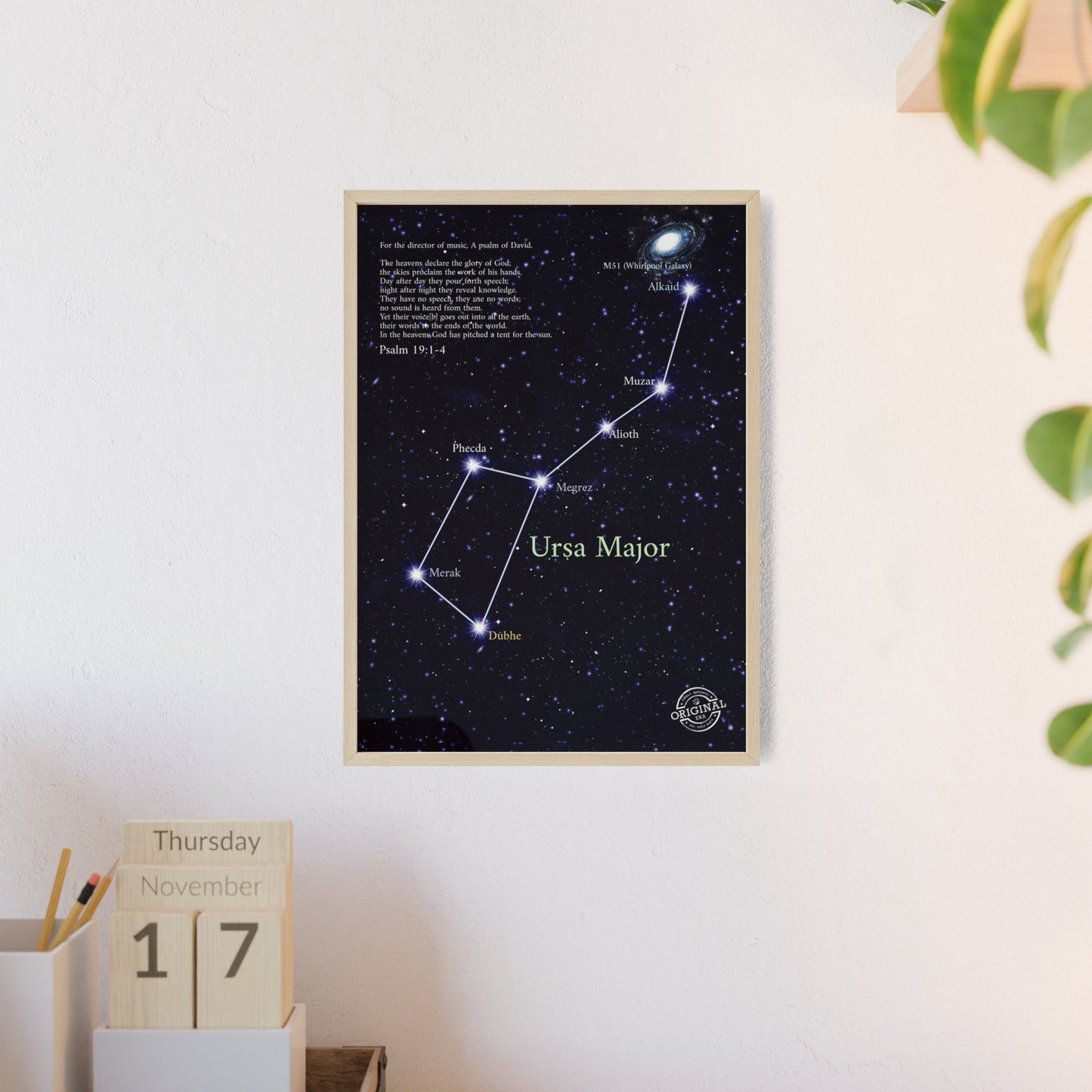 Ursa Major Constellation Star Map Poster with Wooden Frame — Astrology Wall Art
