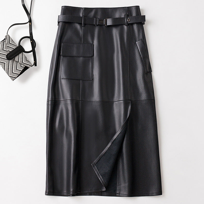 Women's PU Leather Mid-length High Waist Slimming Hip Skirt