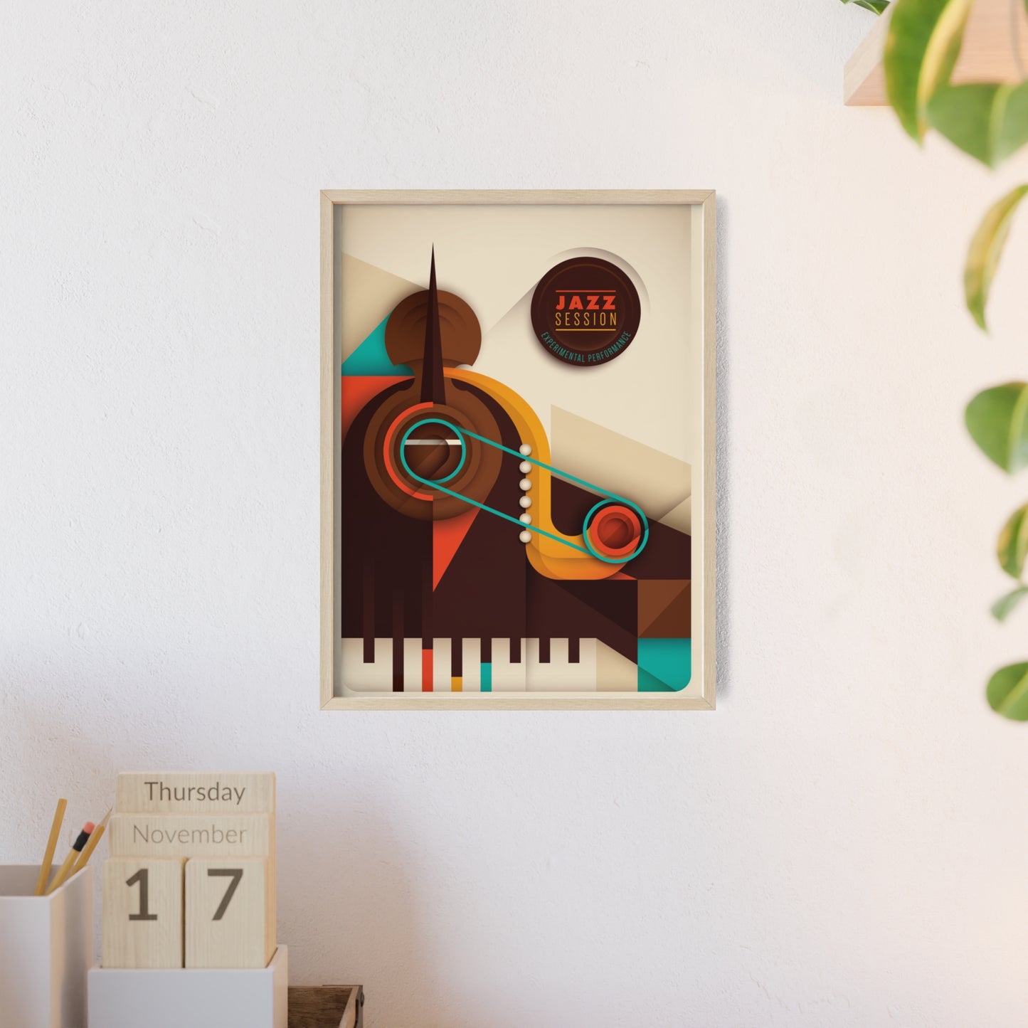 Jazz Session Poster with Wooden Frame – Retro Abstract Music Wall Art