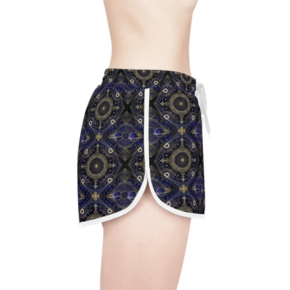 Boho Mosaic Women's Relaxed Shorts — Navy Gold Patterned Lounge & Festival Swim Cover-Up