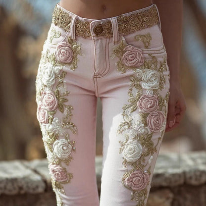 Women's Retro Pink Rose Embroidered Artistic Jeans