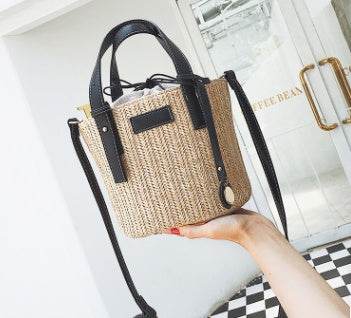 Women's bag hand-woven contrast color bucket straw bag cylinder handbag diagonal shoulder beach bag