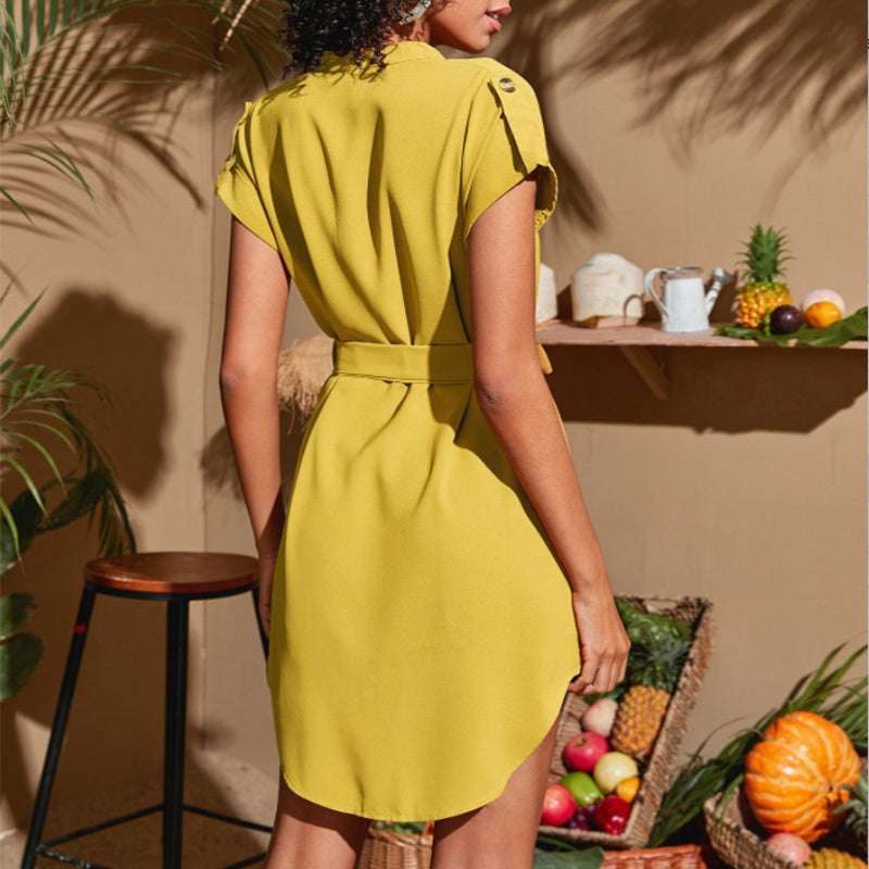 V-neck Short Sleeve Dress With Belt Summer
