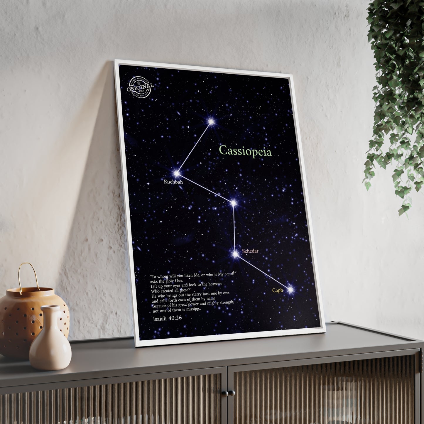 Cassiopeia Constellation Poster with Wooden Frame — Star Map Wall Art