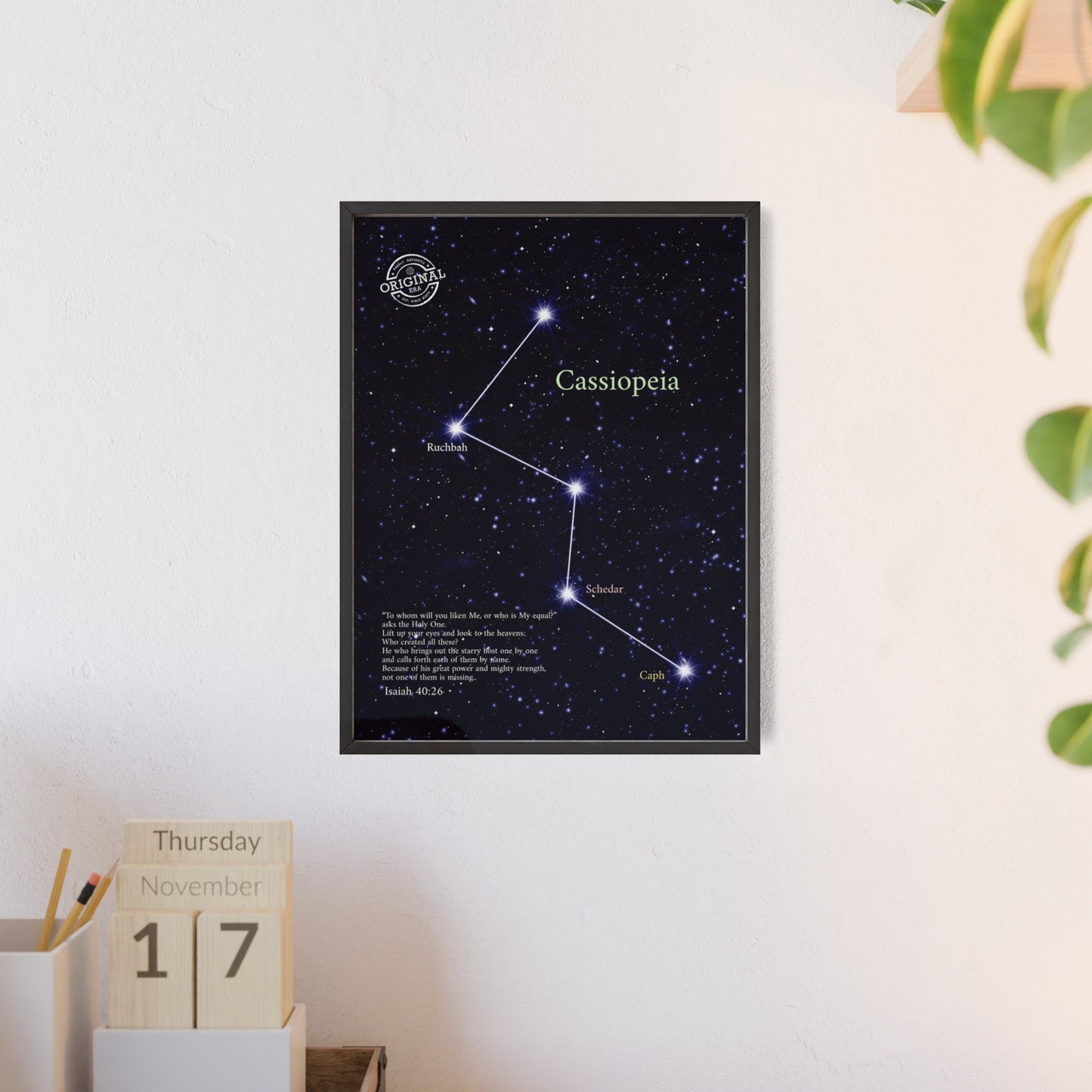 Cassiopeia Constellation Poster with Wooden Frame — Star Map Wall Art