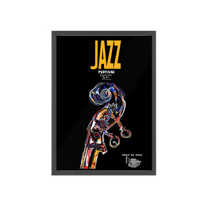 Jazz Festival Poster with Wooden Frame — Colorful Double Bass Art Print
