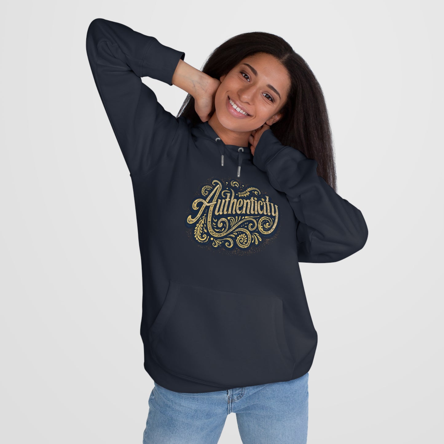 Authenticity Script Hoodie — 'Authenticity' Vintage Ornate Graphic Hooded Sweatshirt