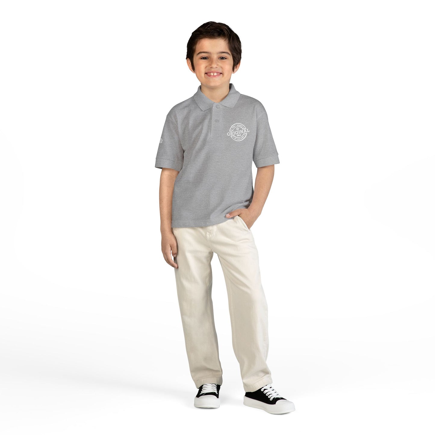 Youth Polo Shirt with 'Original' Vintage Stamp Logo — Kids School Uniform / Casual