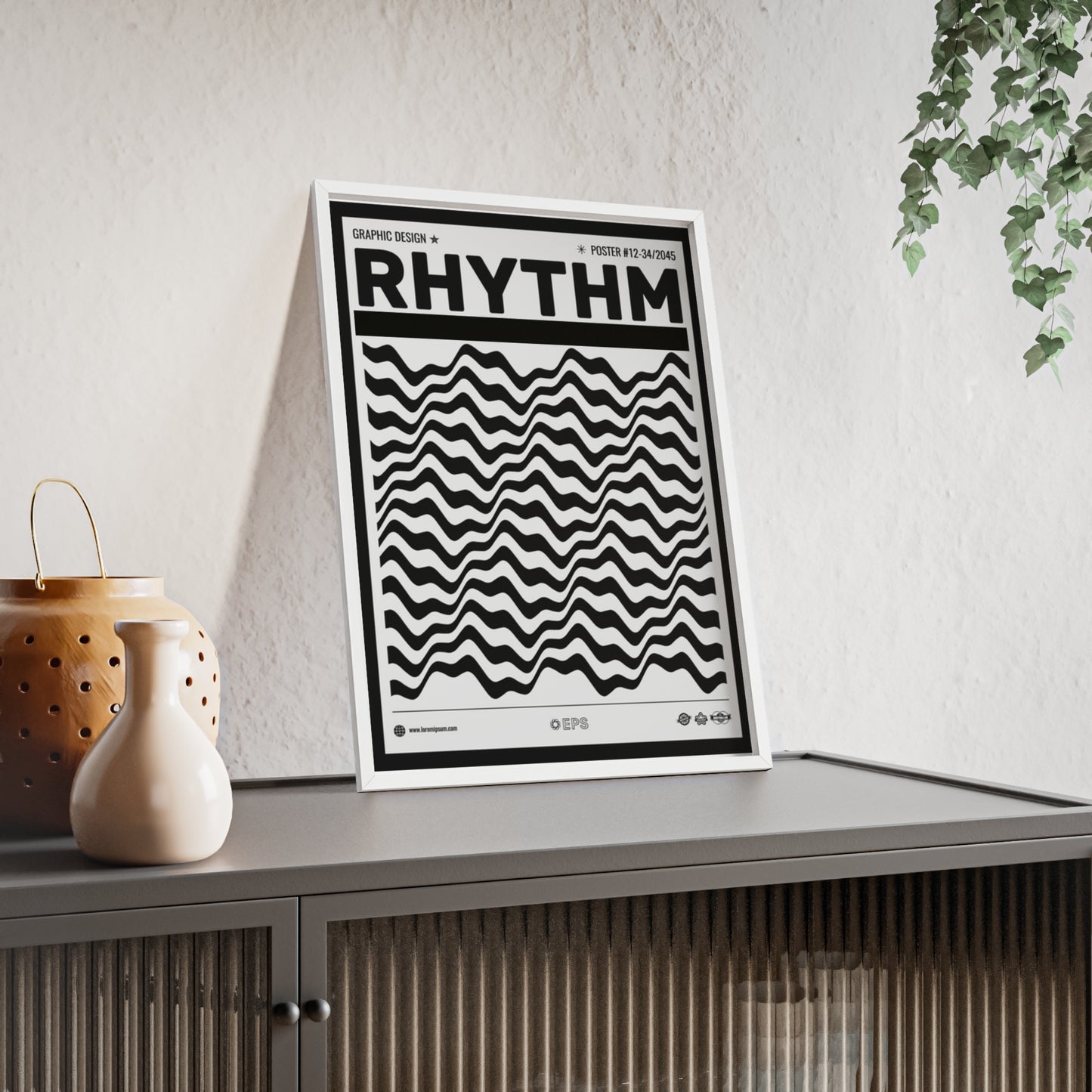 Rhythm Wave Art Poster with Wooden Frame — Black & White Modern Wall Print