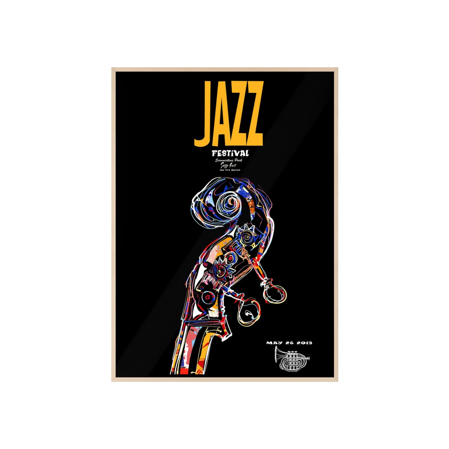 Jazz Festival Poster with Wooden Frame — Colorful Double Bass Art Print