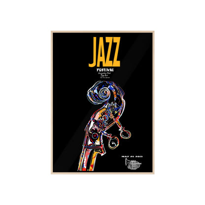 Jazz Festival Poster with Wooden Frame — Colorful Double Bass Art Print