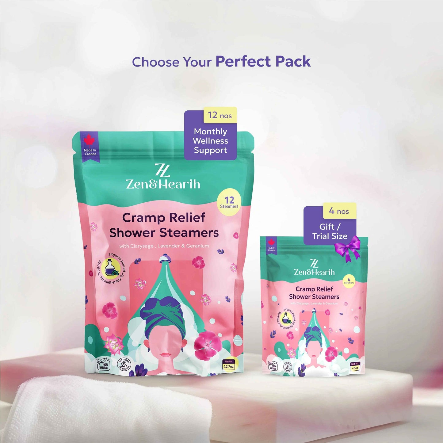 Zen & Hearth Period Cramp Relief Shower Steamers - Handcrafted Aromatherapy Tablets with Clary Sage, Lavender & Geranium for Period Pain Relief & Relaxation Made in Canada